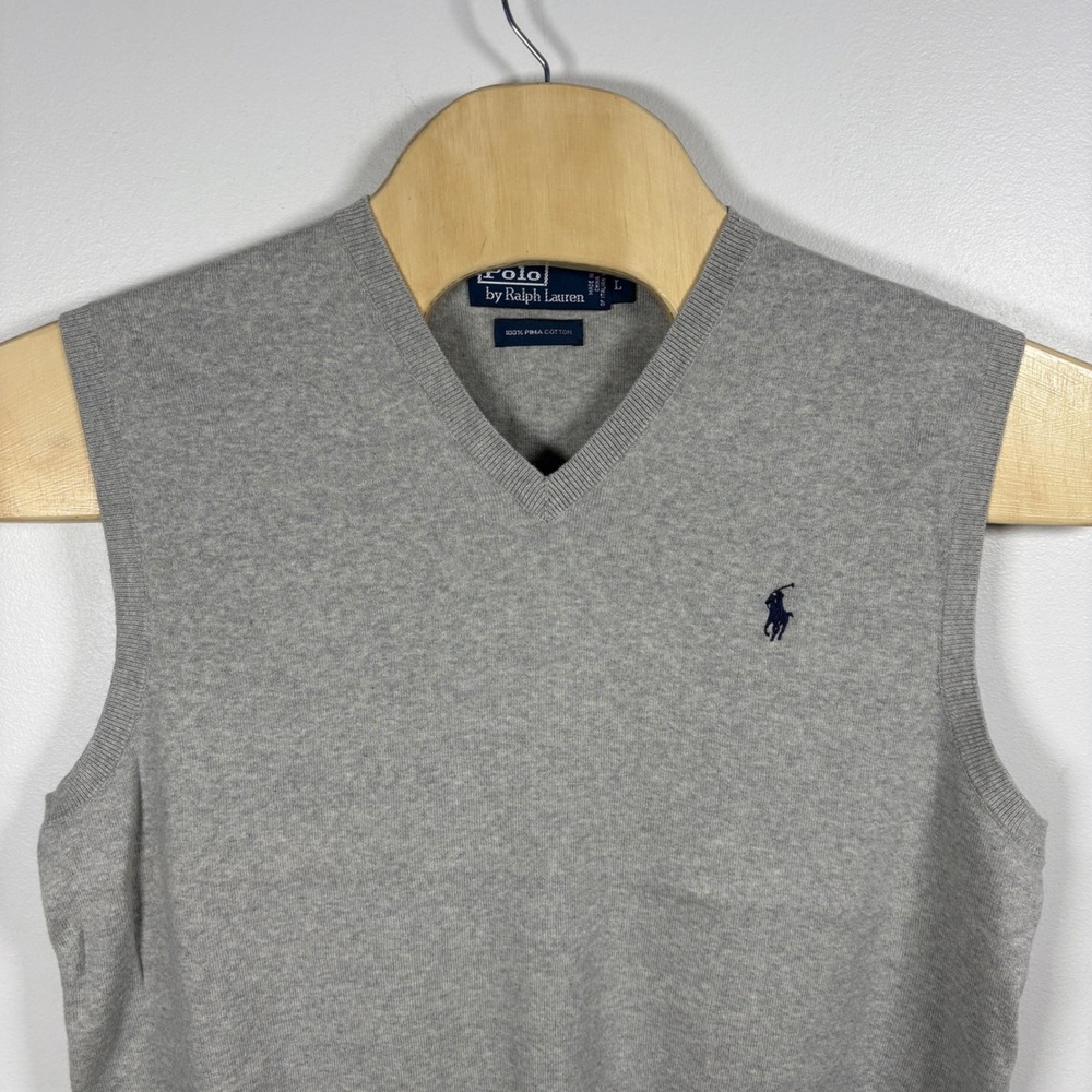 Polo Ralph Lauren Mens Pima Cotton V-Neck‎ Sweater Vest Heather Grey Large